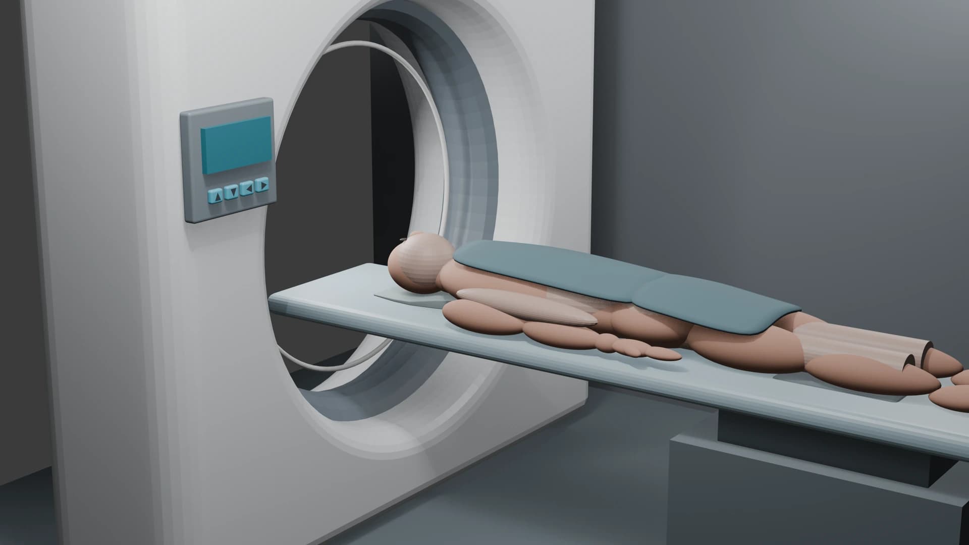 3D CT scanner scene illustrating patient positioning for ImagingArc clinical imaging education